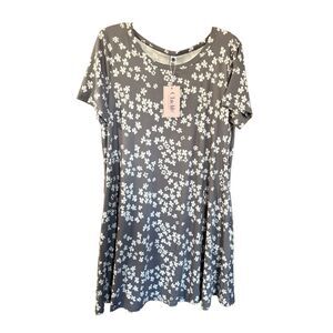 Chiclily women's knee-length casual T-shirt dress grey/white sakura floral print